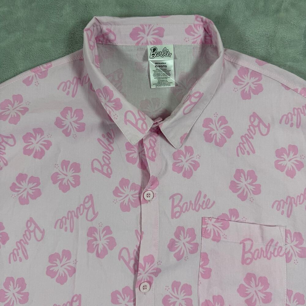 Barbie Hawaiian Button Up Shirt Mens XL Pink Floral Logo Short Sleeve Movie